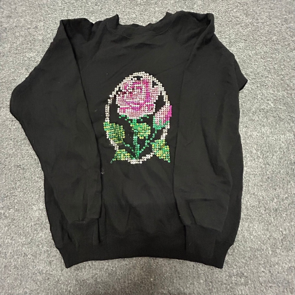 Hanes Sweatshirt Womens Size Large Black Sequin Rose Graphic USA Made Pullover